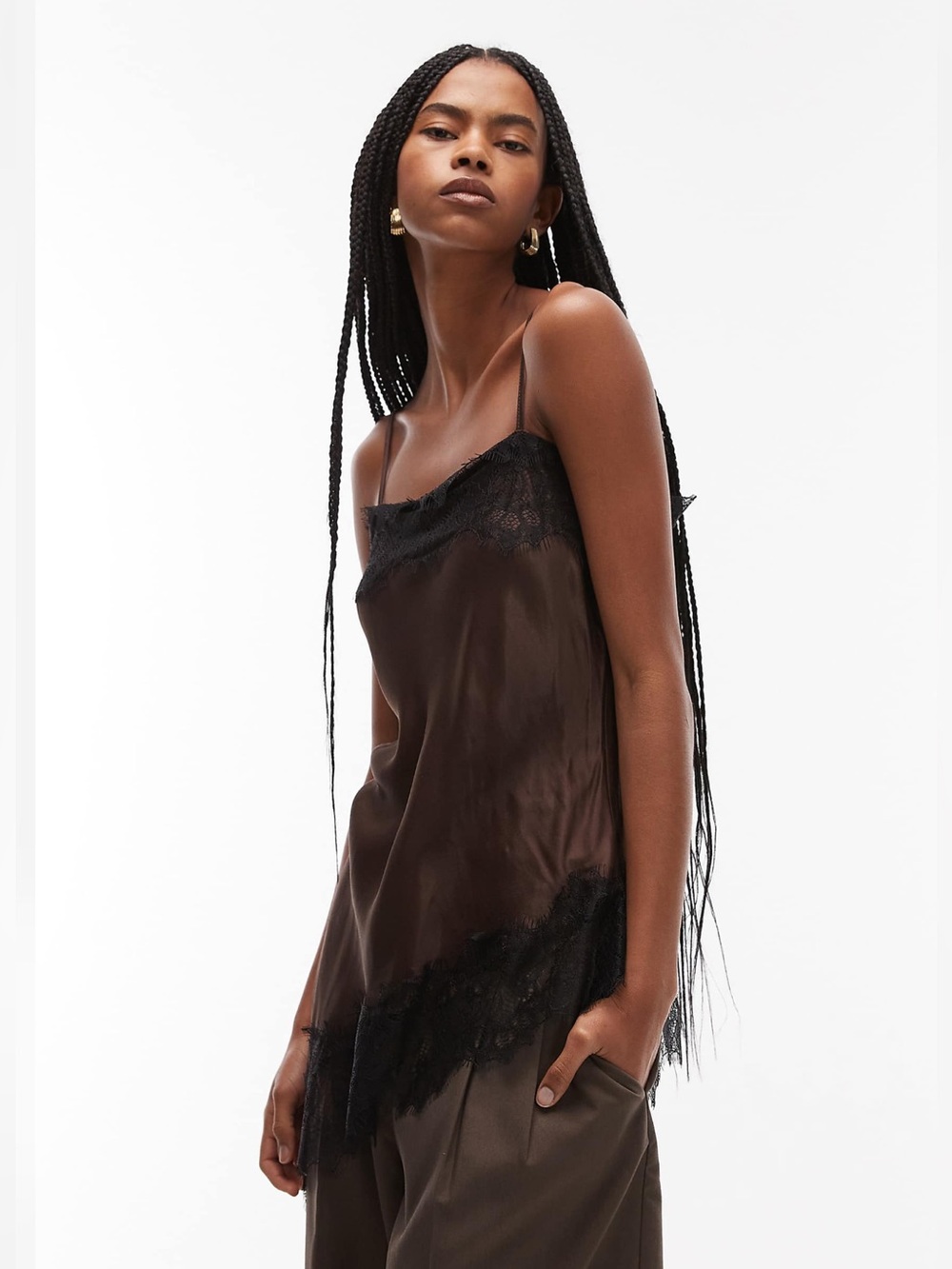 ASOS DESIGN satin lace trim asymmetric cami top in chocolate